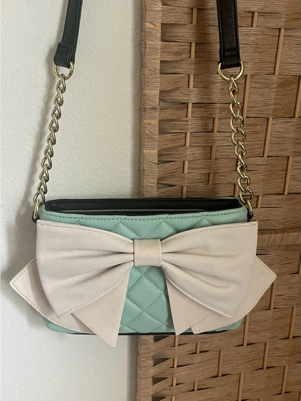 Betsey Johnson Mint Quilted Crossbody with Cream Bow